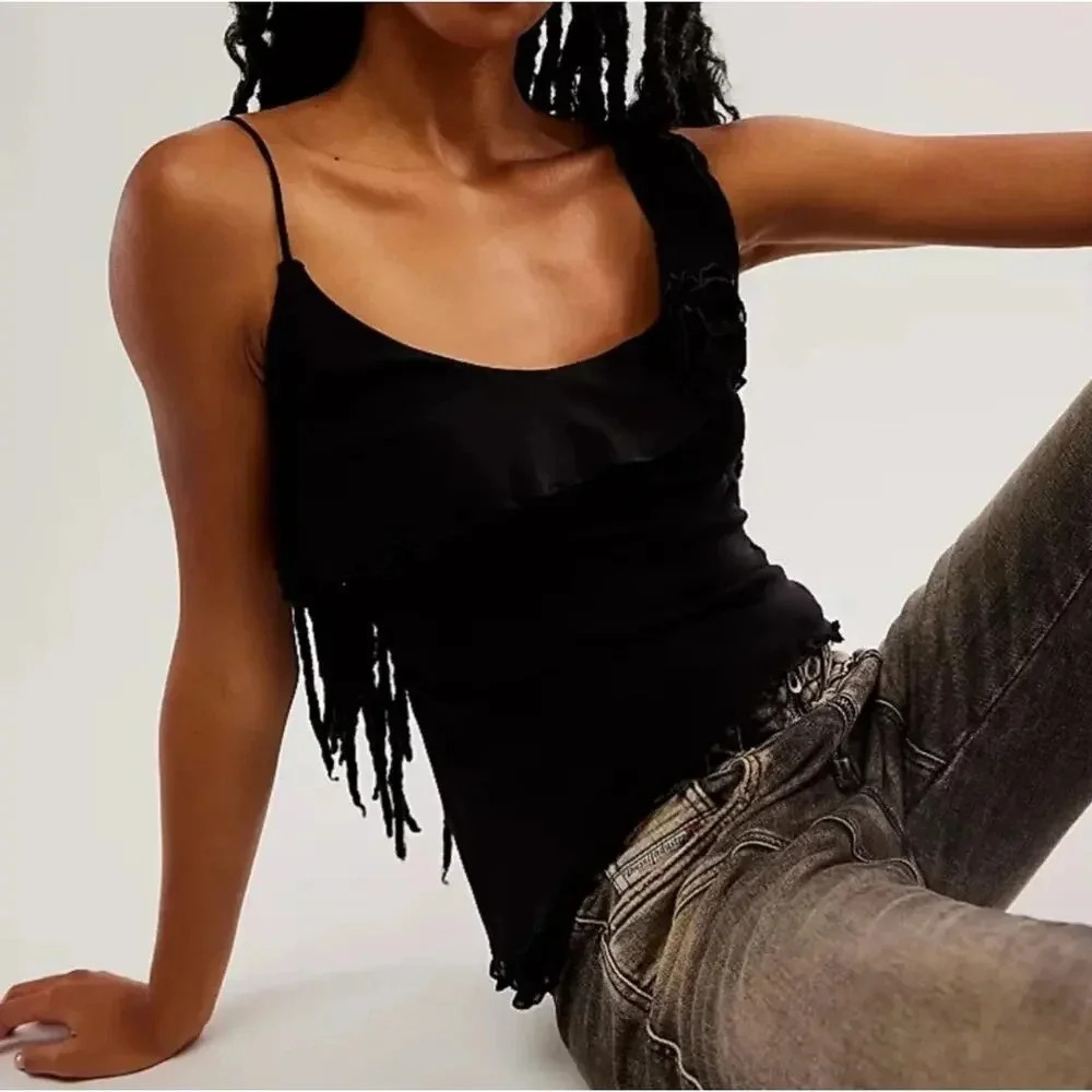Free People Ruffle Asymmetric Mesh Top size Medium Black New Y2K - Picture 11 of 11